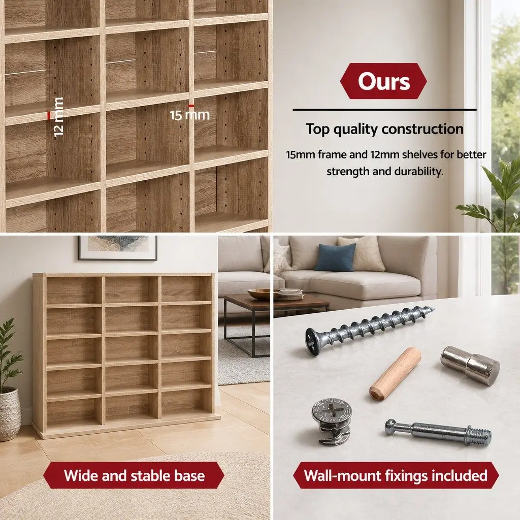 Oak CD DVD Bookshelf Storage Rack with Adjustable Shelves Display Cabinet
