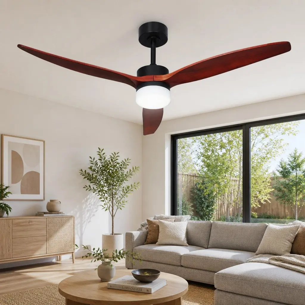 52 Inch Ceiling Fan DC Motor 3 Wooden Blades LED Light Remote Control Timer