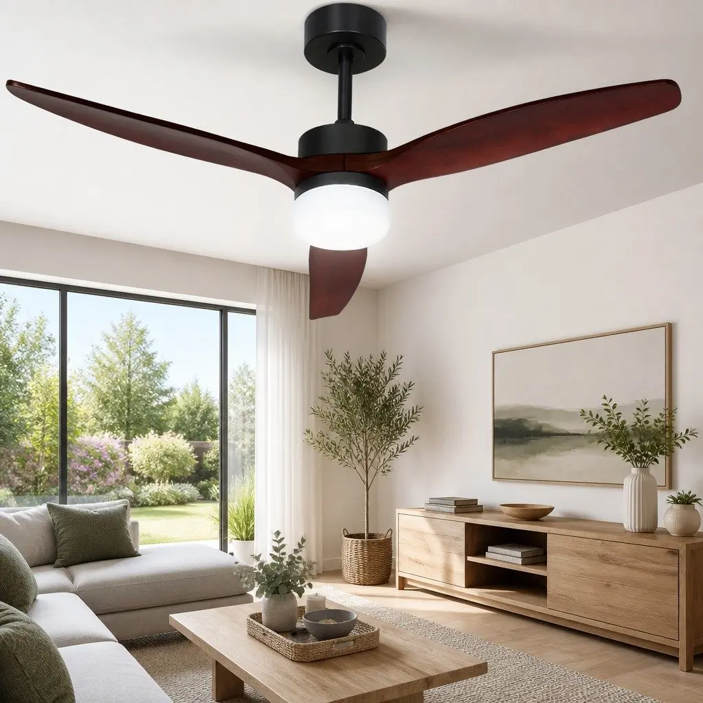 52 Inch Ceiling Fan DC Motor 3 Wooden Blades LED Light Remote Control Timer