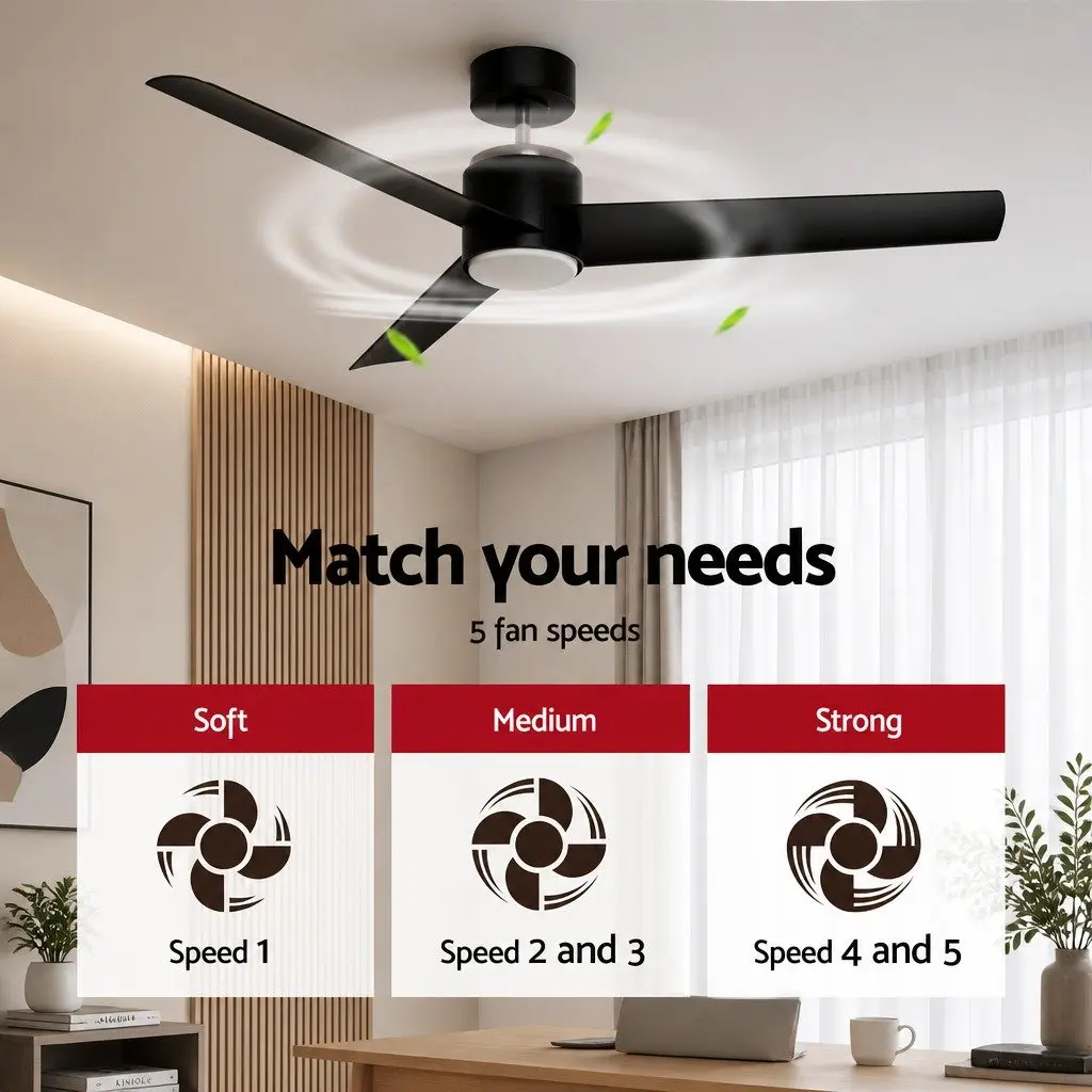 52 Inch Ceiling Fan DC Motor LED Light Black Indoor Outdoor