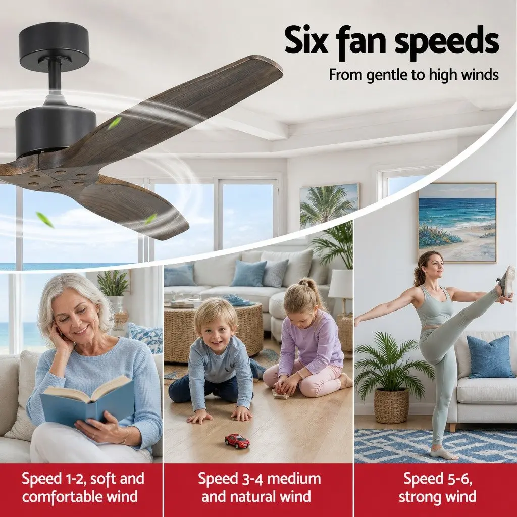 Ceiling Fan DC Motor 52 Inch Wooden Blades Dark Wood 6 Speed Remote Control