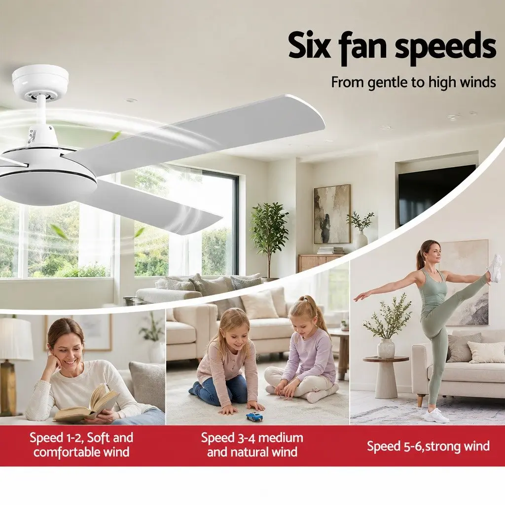 Ceiling Fan 52 Inch White DC Motor 4 Wooden Blades Remote Control 6 Speed
