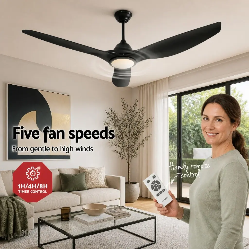 Ceiling Fan DC Motor 64 Inch Black with LED Light Remote Control 5 Speed Reverse Cycle