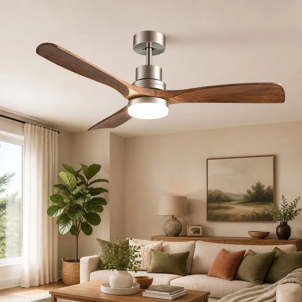 52 Inch Ceiling Fan DC Motor 3 Blade LED Light Remote Control Smart App Brown Silver