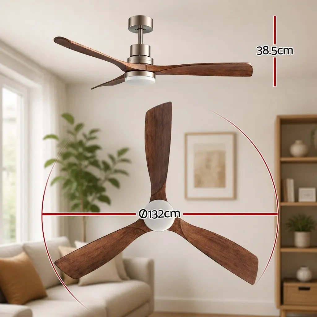 52 Inch Ceiling Fan DC Motor 3 Blade LED Light Remote Control Smart App Brown Silver