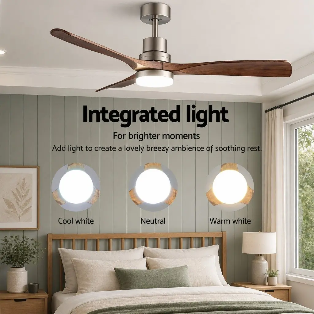 52 Inch Ceiling Fan DC Motor 3 Blade LED Light Remote Control Smart App Brown Silver
