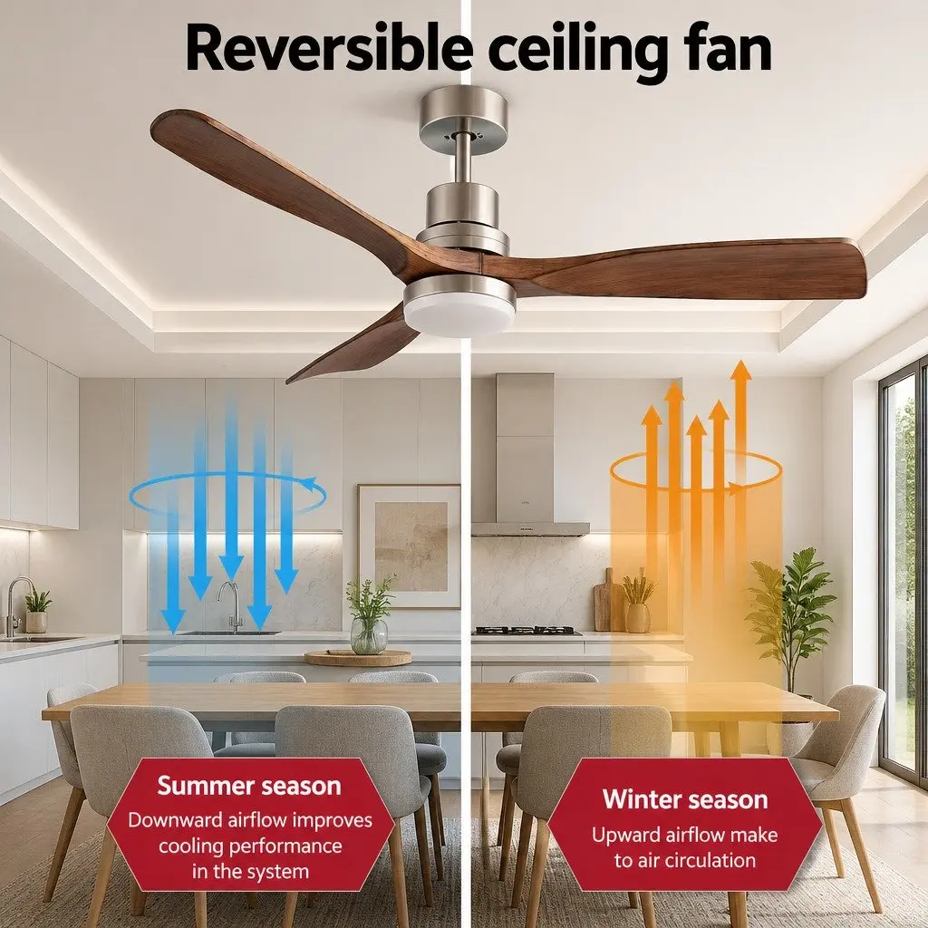 52 Inch Ceiling Fan DC Motor 3 Blade LED Light Remote Control Smart App Brown Silver