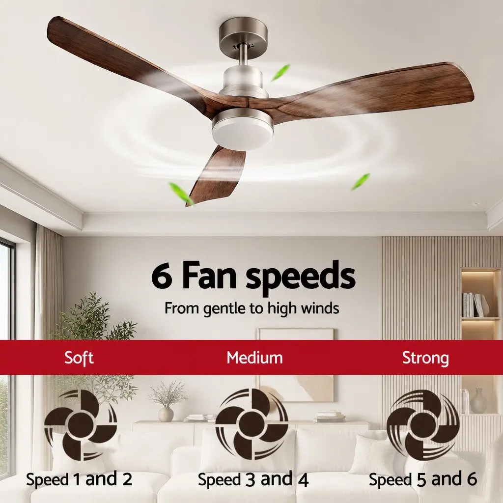 52 Inch Ceiling Fan DC Motor 3 Blade LED Light Remote Control Smart App Brown Silver