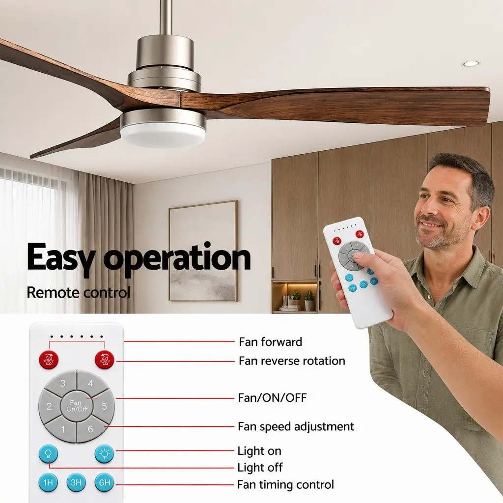 52 Inch Ceiling Fan DC Motor 3 Blade LED Light Remote Control Smart App Brown Silver