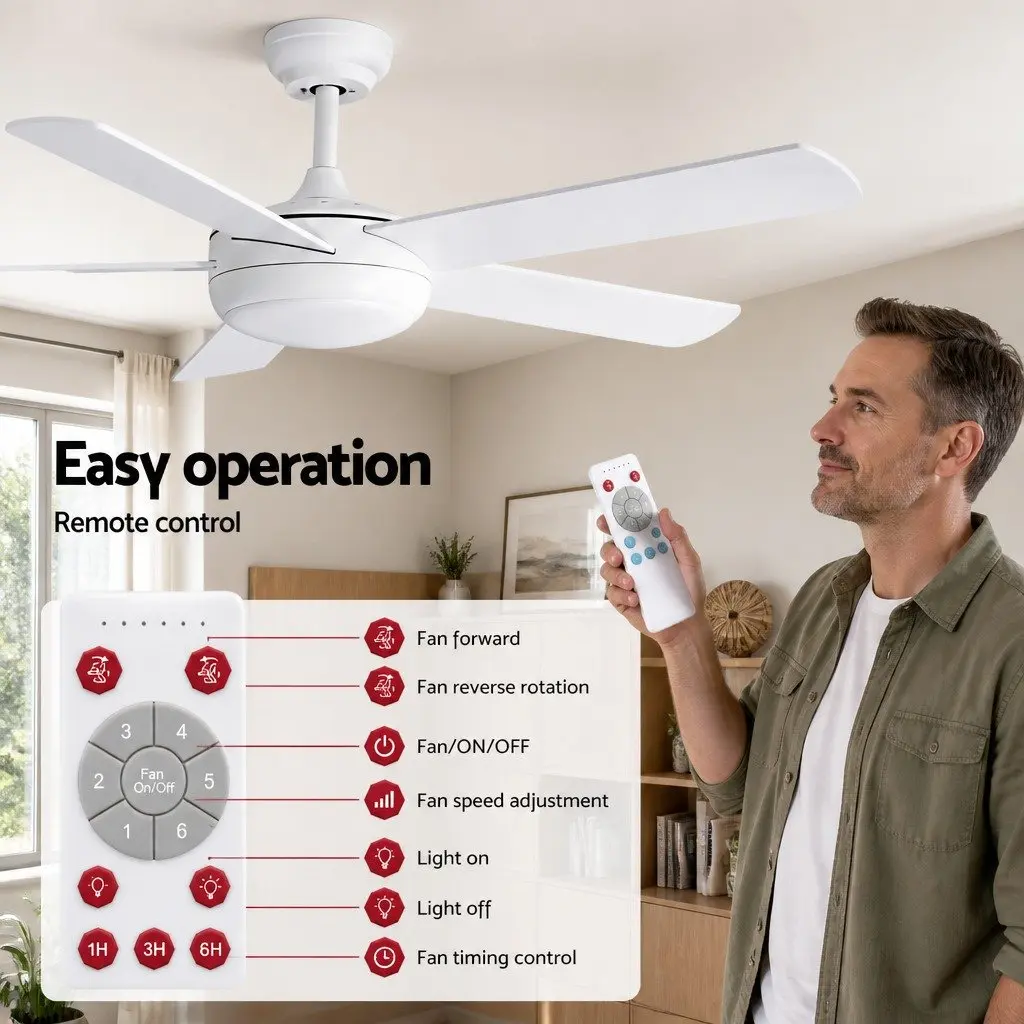 Ceiling Fan 52 Inch 5 Blades DC Motor Remote Control LED Light White