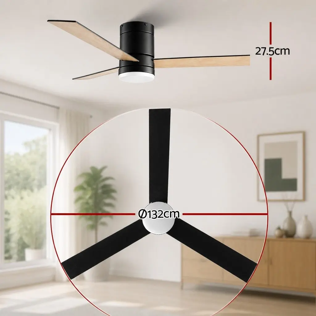 Ceiling Fan DC Motor 52 Inch 3 Blade Black Light Wood LED Light Remote Control Reverse Airflow