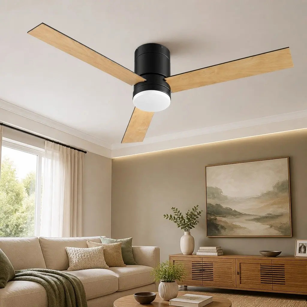 Ceiling Fan DC Motor 52 Inch 3 Blade Black Light Wood LED Light Remote Control Reverse Airflow