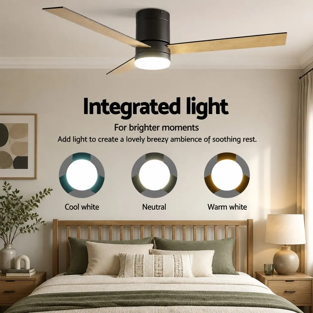 Ceiling Fan DC Motor 52 Inch 3 Blade Black Light Wood LED Light Remote Control Reverse Airflow