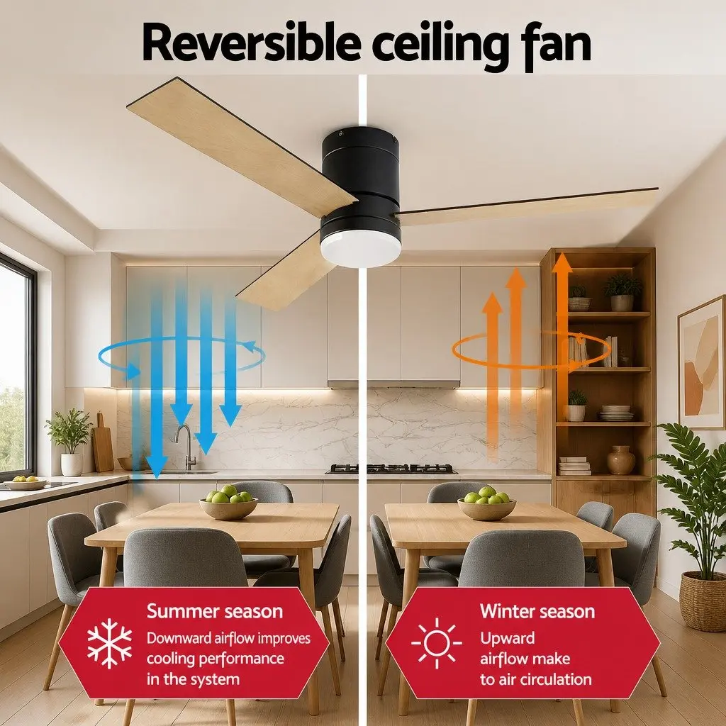 Ceiling Fan DC Motor 52 Inch 3 Blade Black Light Wood LED Light Remote Control Reverse Airflow