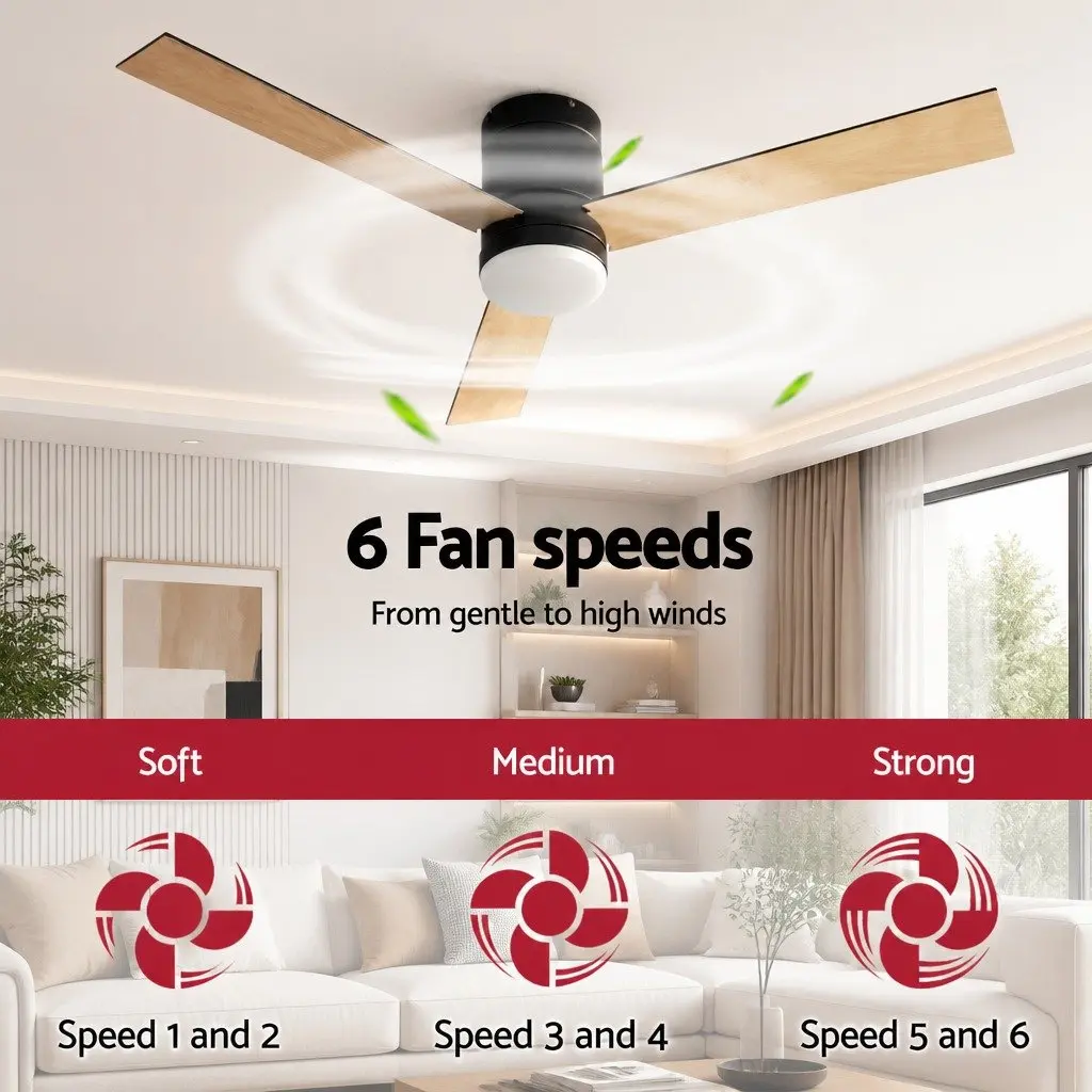 Ceiling Fan DC Motor 52 Inch 3 Blade Black Light Wood LED Light Remote Control Reverse Airflow