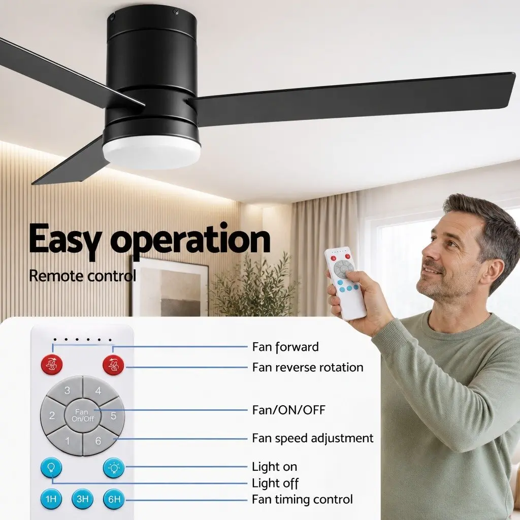 Ceiling Fan DC Motor 52 Inch 3 Blade Black Light Wood LED Light Remote Control Reverse Airflow