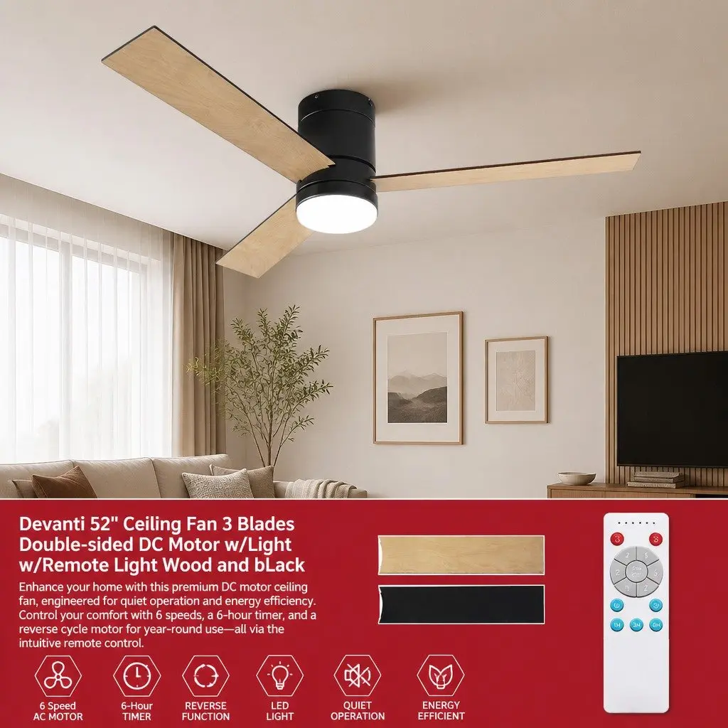 Ceiling Fan DC Motor 52 Inch 3 Blade Black Light Wood LED Light Remote Control Reverse Airflow