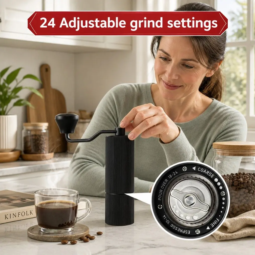 Manual Coffee Grinder Burr Mill 18.5cm Dark Grey Portable 24 Adjustable Grind Settings