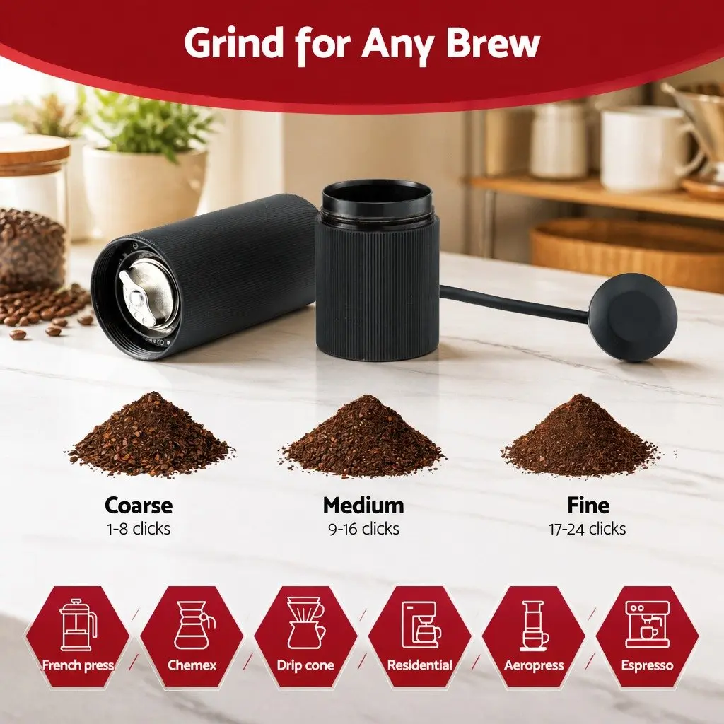 Manual Coffee Grinder Burr Mill 18.5cm Dark Grey Portable 24 Adjustable Grind Settings