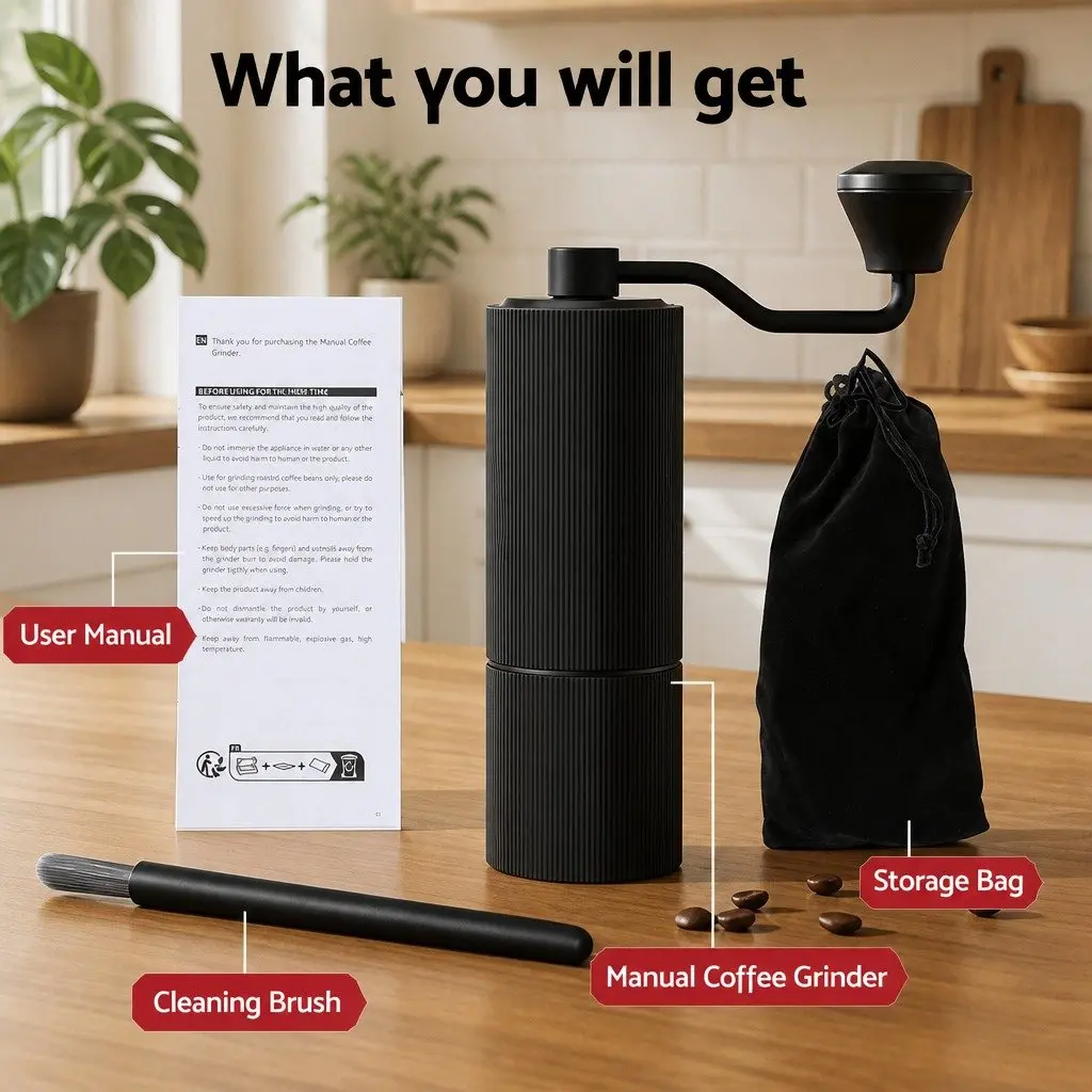 Manual Coffee Grinder Burr Mill 18.5cm Dark Grey Portable 24 Adjustable Grind Settings