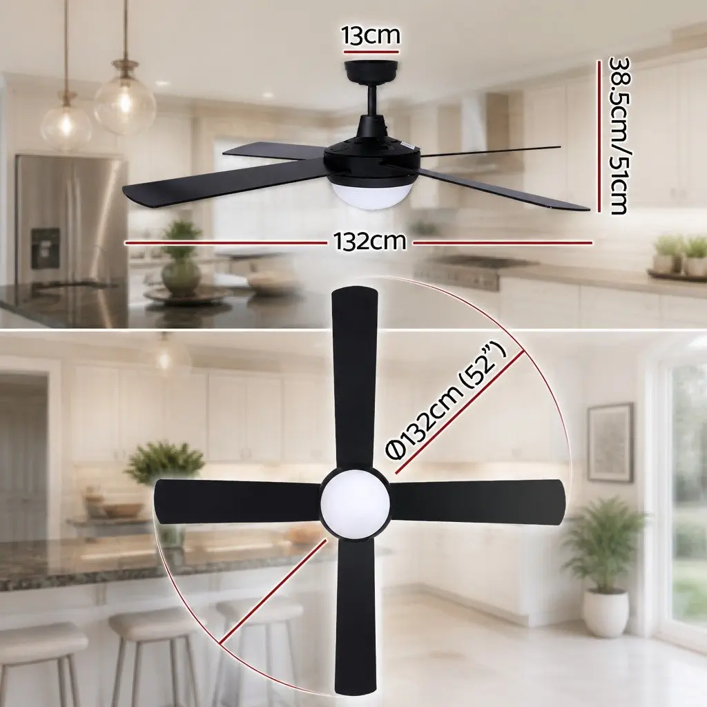 Ceiling Fan DC Motor 52 Inch Black with LED Light Remote Control 6 Speed Reverse