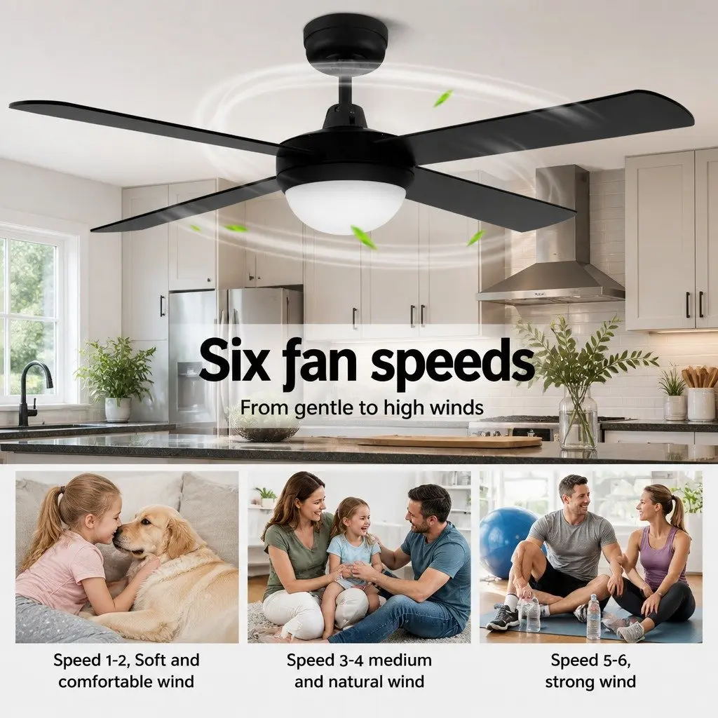 Ceiling Fan DC Motor 52 Inch Black with LED Light Remote Control 6 Speed Reverse