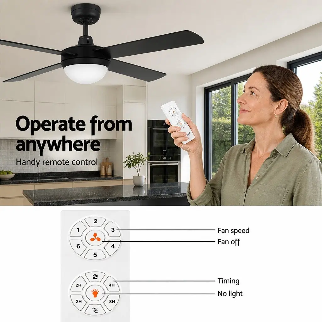 Ceiling Fan DC Motor 52 Inch Black with LED Light Remote Control 6 Speed Reverse