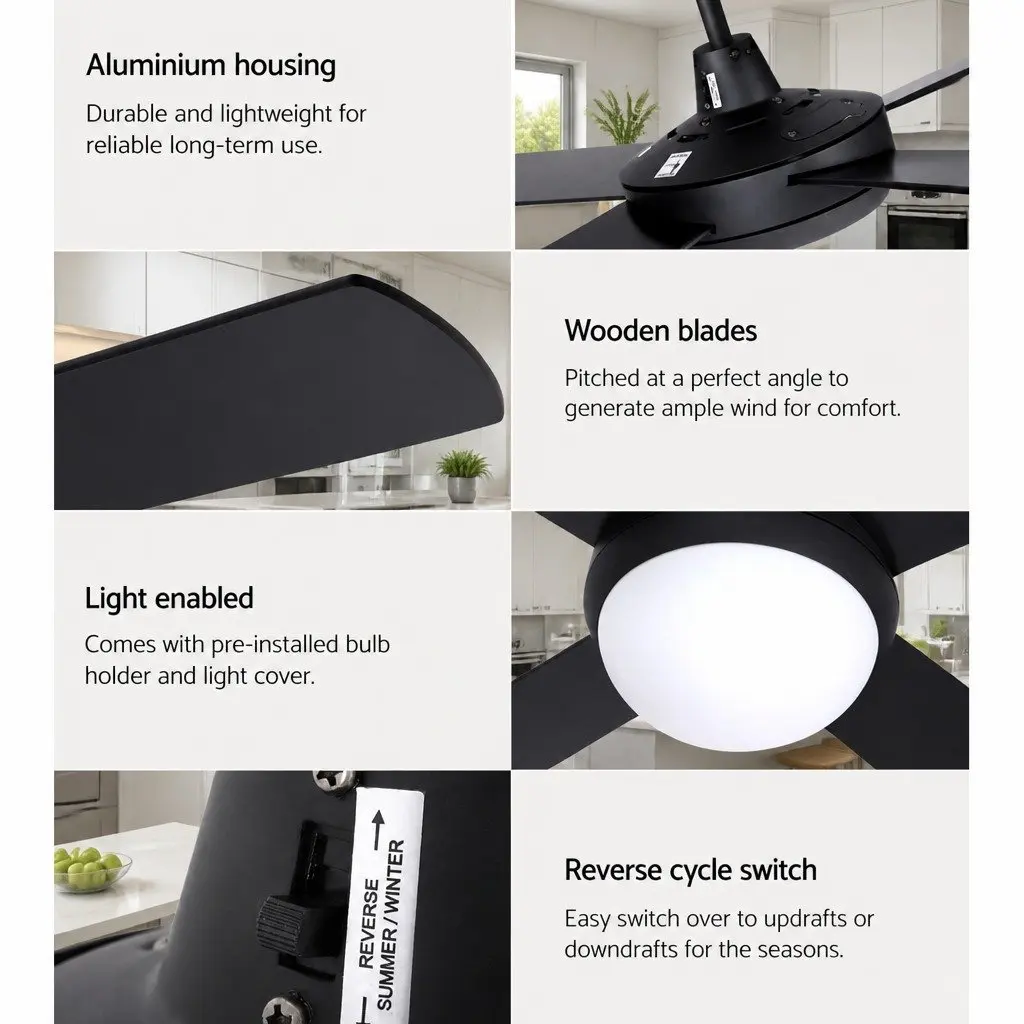 Ceiling Fan DC Motor 52 Inch Black with LED Light Remote Control 6 Speed Reverse