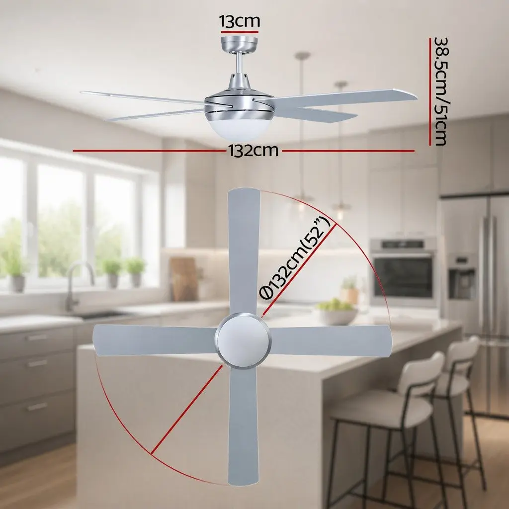 52 Inch Ceiling Fan DC Motor LED Light Remote Control Silver