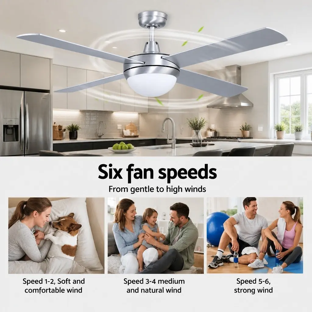 52 Inch Ceiling Fan DC Motor LED Light Remote Control Silver
