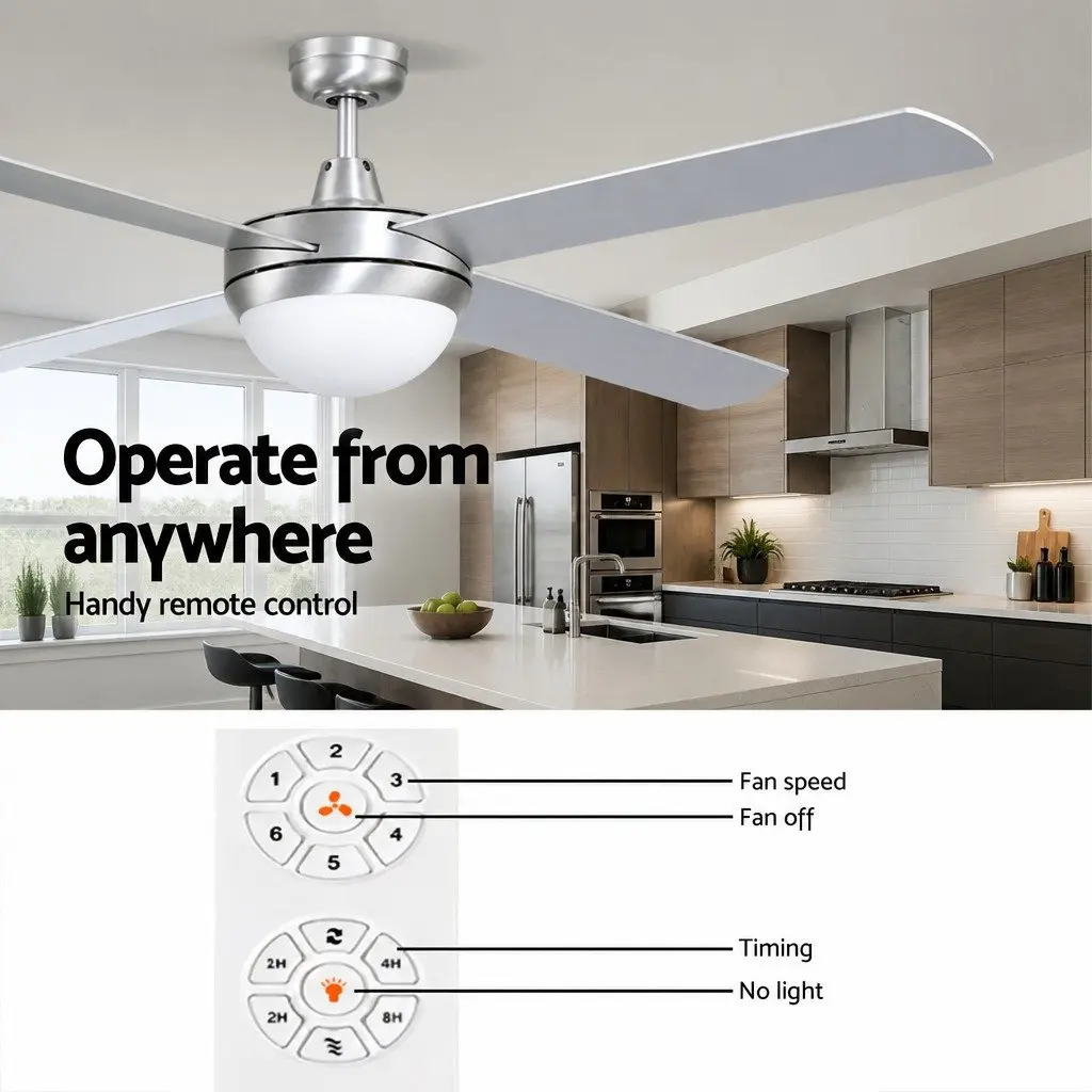 52 Inch Ceiling Fan DC Motor LED Light Remote Control Silver