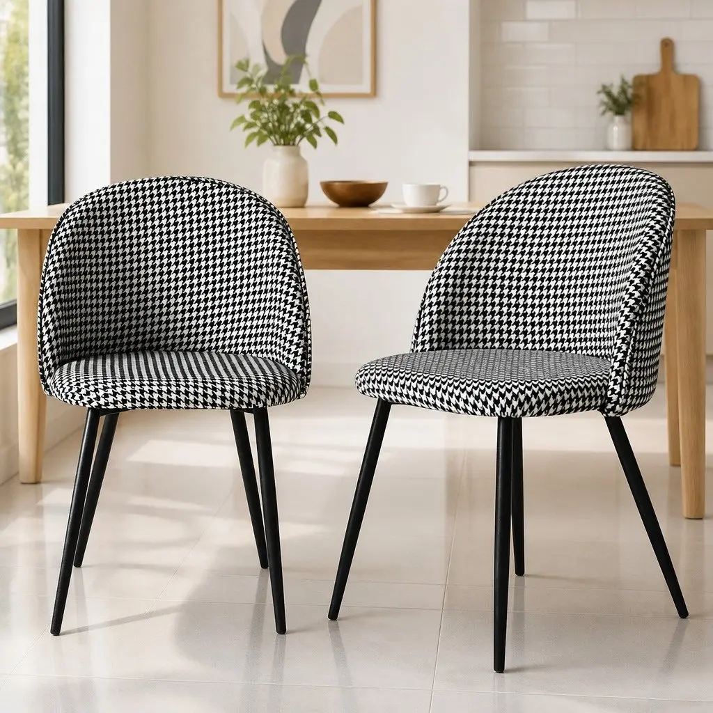 Dining Chairs Set of 6 Kitchen Cafe Seating Houndstooth Pattern Velvet