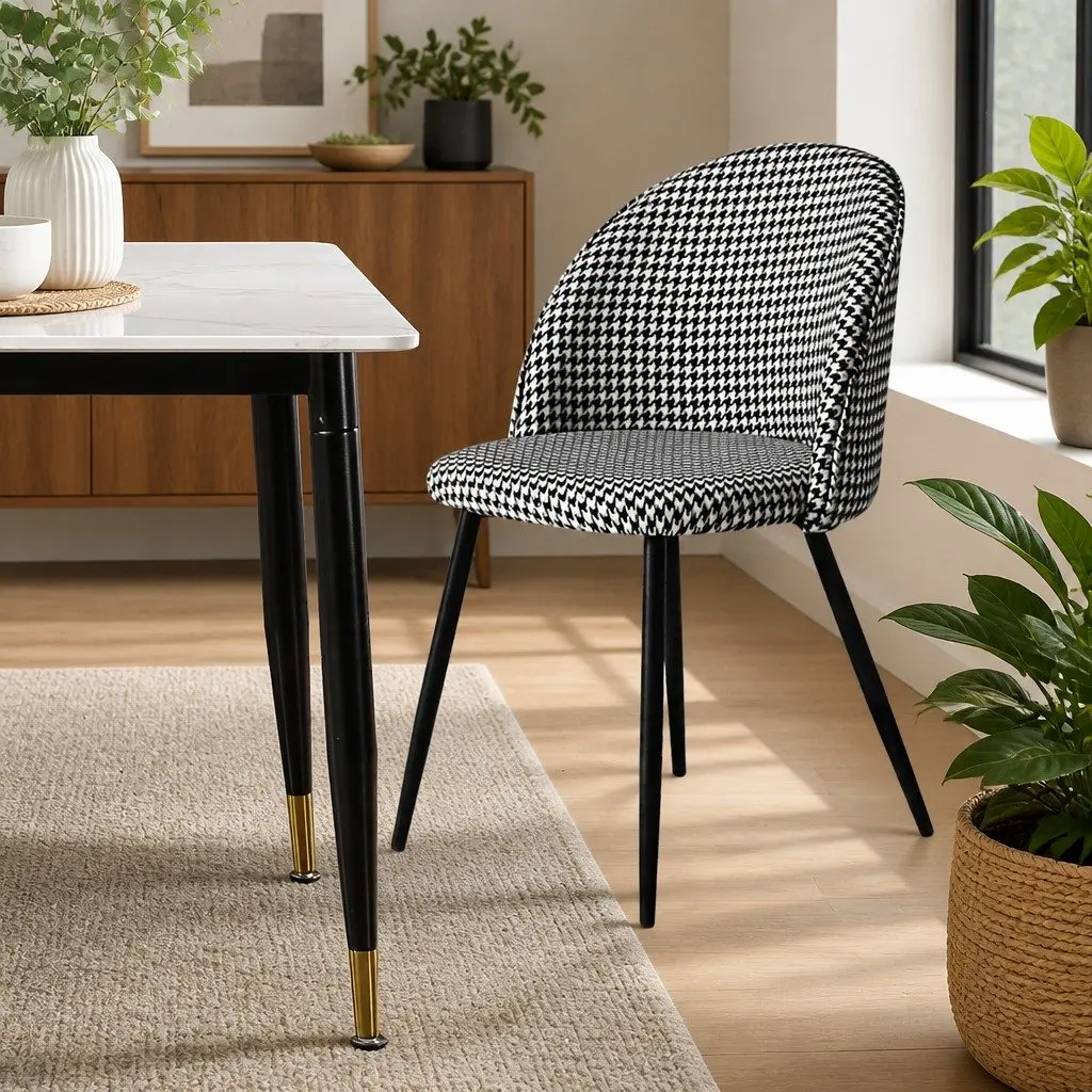 Dining Chairs Houndstooth Fabric Steel Frame 46cm Black White