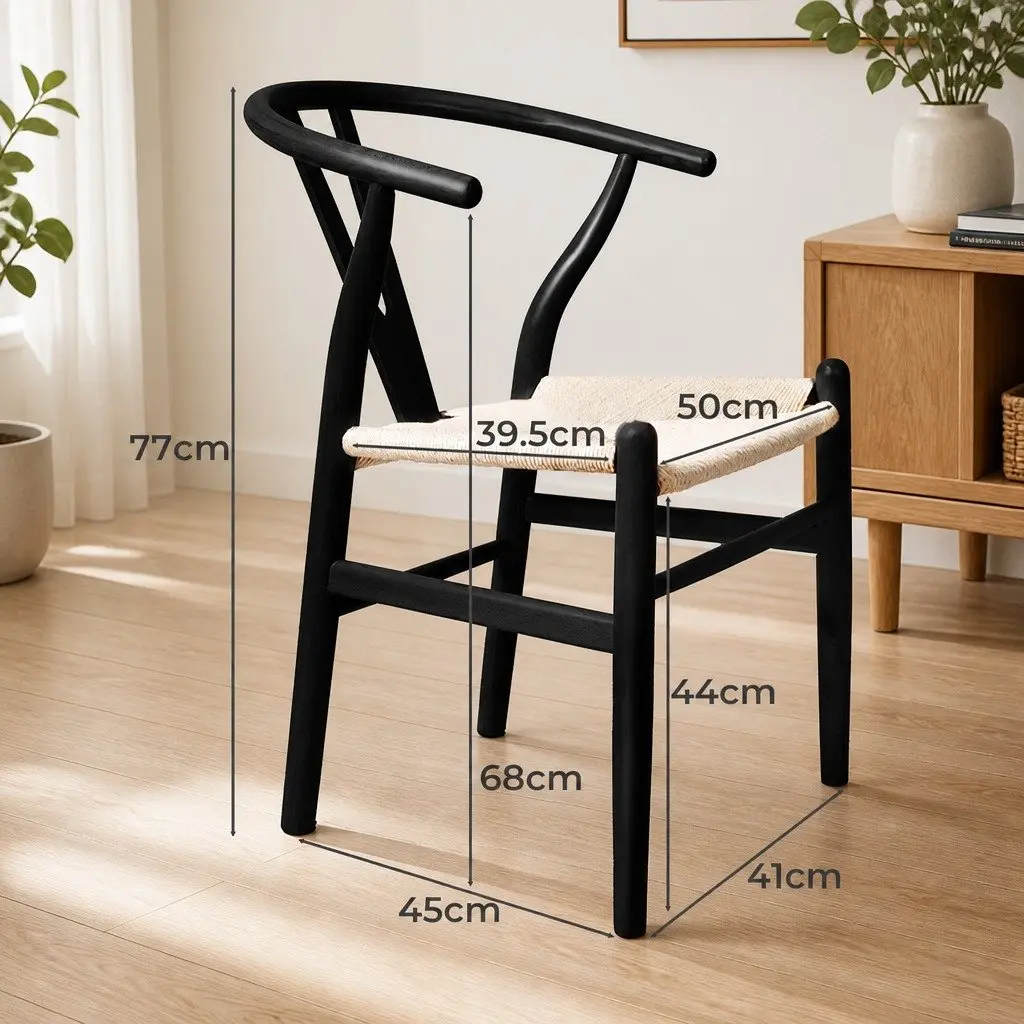 Dining Chairs Wooden Seat Black Modern Design Rattan Seating Set of 2
