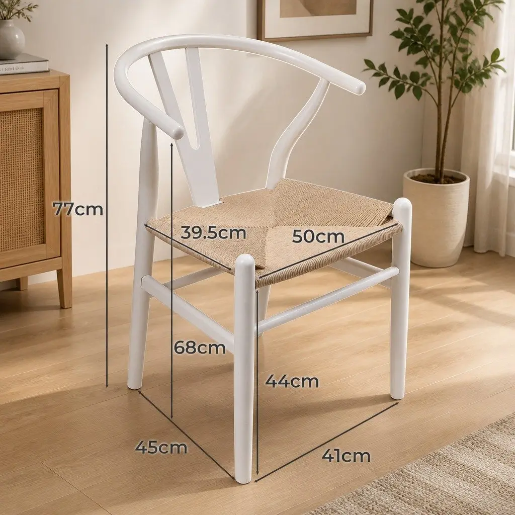 Dining Chairs Wooden Rattan Seat White Modern Kitchen Furniture Set of 2