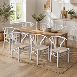 Dining Chair Set 8 Pieces White Wooden Rattan Seat Kitchen Dinner Furniture