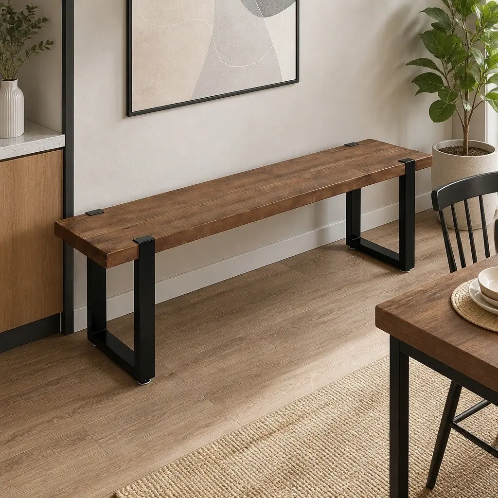 Dining Bench Chair 140cm Wooden Seat Industrial Design Steel Frame Home