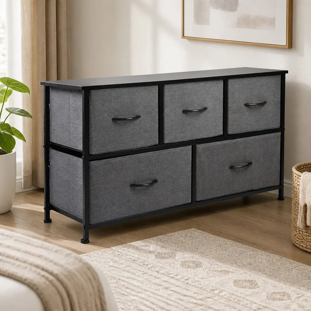 Chest of 5 Drawers Storage Cabinet MDF Steel Frame 100cm H 30cm W 55cm D Dark Grey