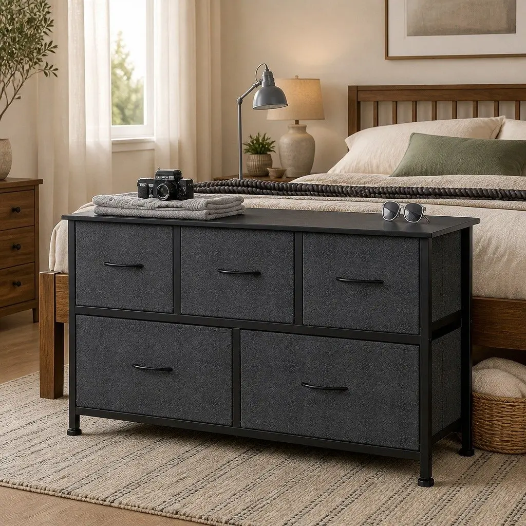 Chest of 5 Drawers Storage Cabinet MDF Steel Frame 100cm H 30cm W 55cm D Dark Grey