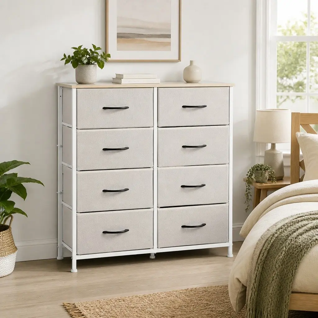 Storage Cabinet Tower Chest Beige 8 Drawers Bedroom Organiser Unit Dresser