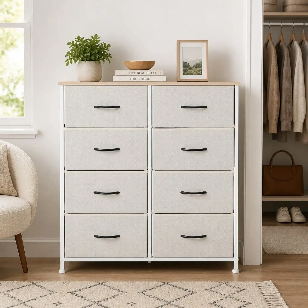 Storage Cabinet Tower Chest Beige 8 Drawers Bedroom Organiser Unit Dresser