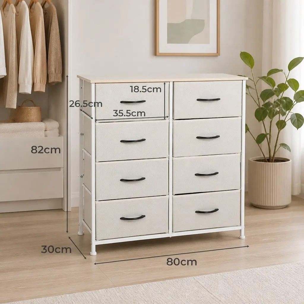 Storage Cabinet Tower Chest Beige 8 Drawers Bedroom Organiser Unit Dresser