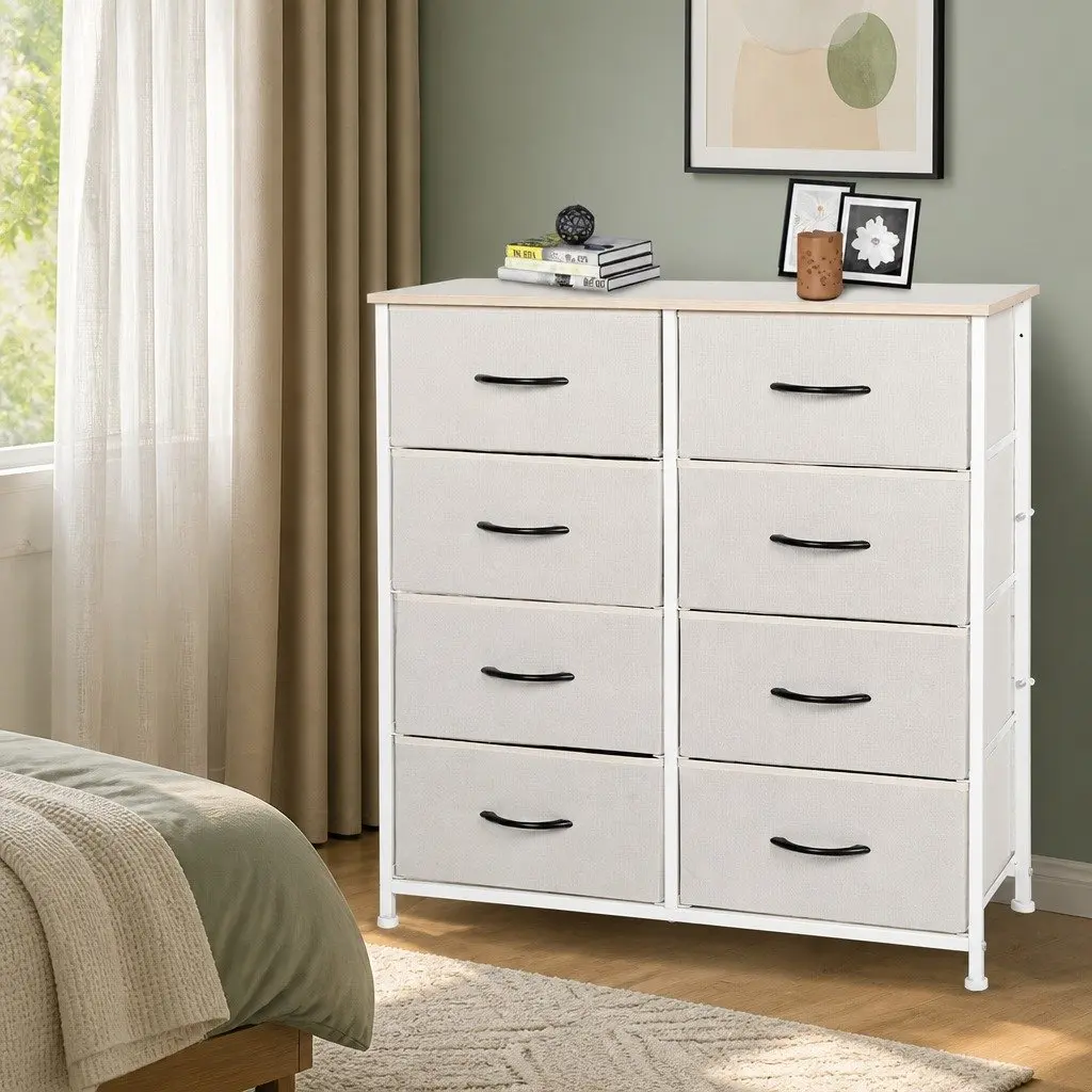 Storage Cabinet Tower Chest Beige 8 Drawers Bedroom Organiser Unit Dresser