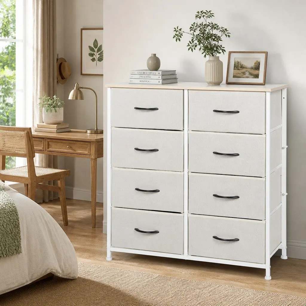 Storage Cabinet Tower Chest Beige 8 Drawers Bedroom Organiser Unit Dresser