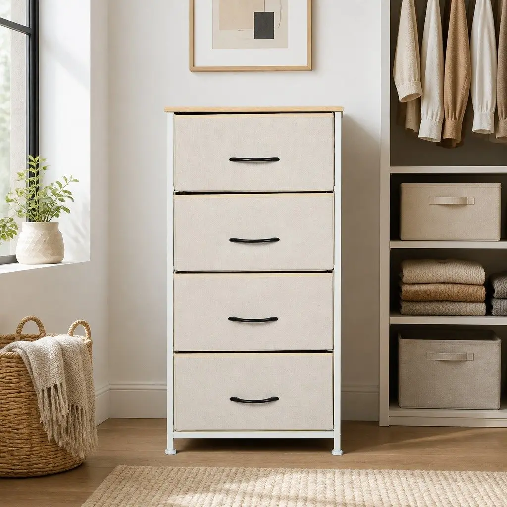 Storage Cabinet Chest of Drawers MDF Steel Frame Beige 4 Drawer