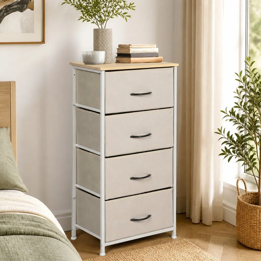 Storage Cabinet Chest of Drawers MDF Steel Frame Beige 4 Drawer