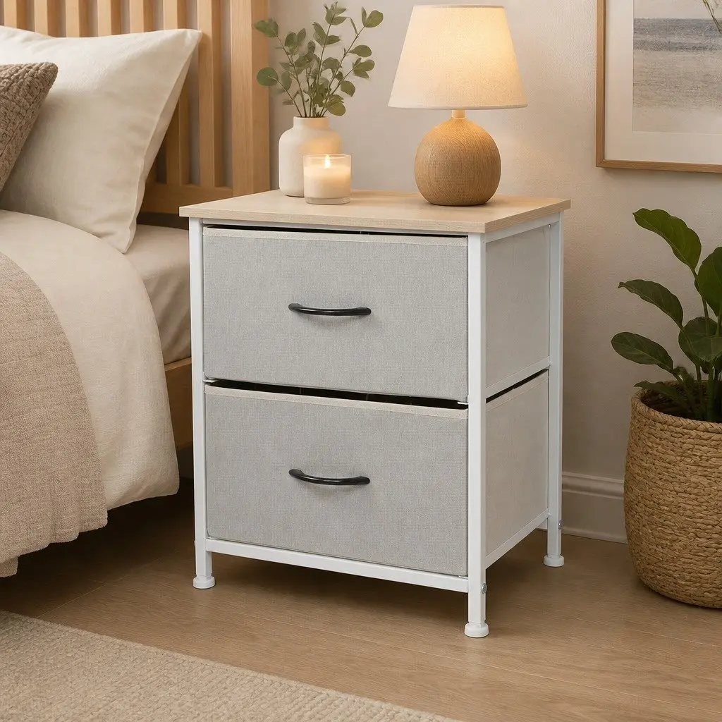 2 Drawer Bedside Chest Storage Cabinet MDF Beige