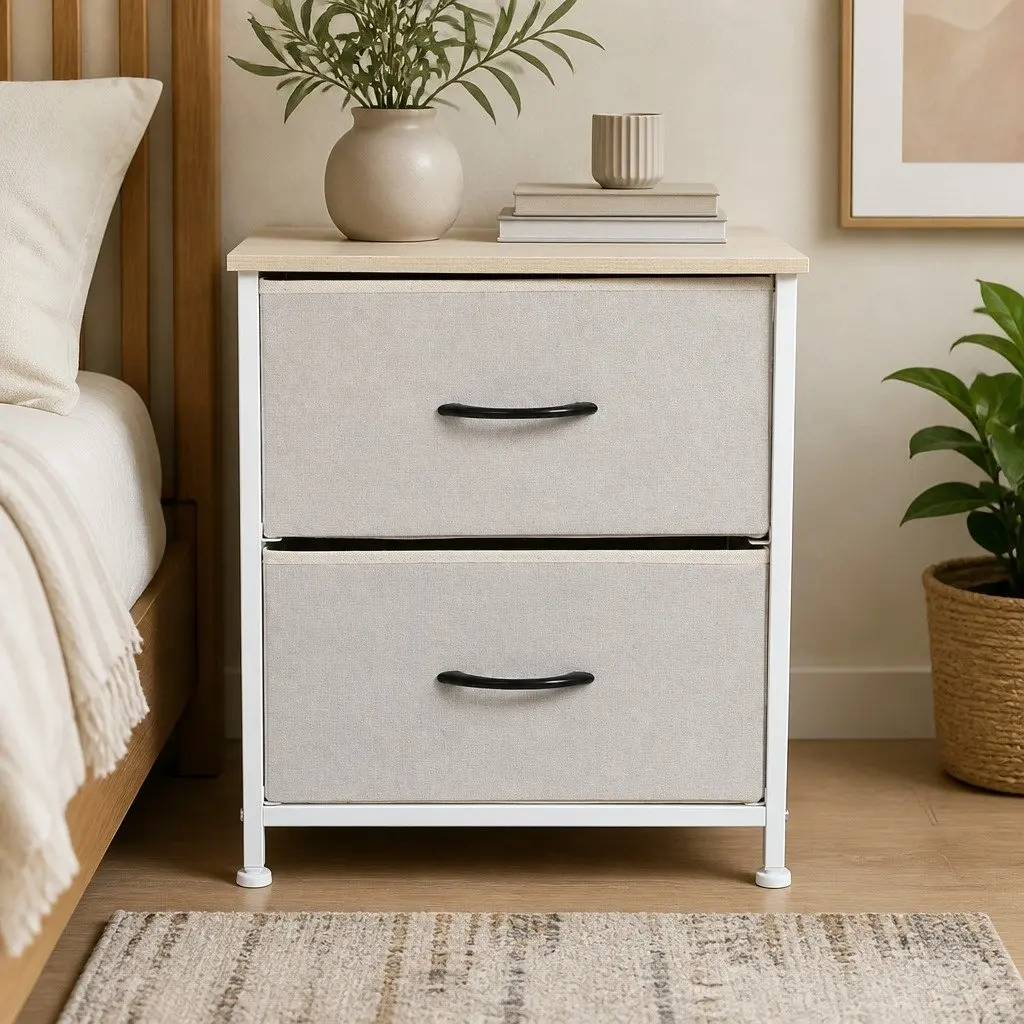 2 Drawer Bedside Chest Storage Cabinet MDF Beige
