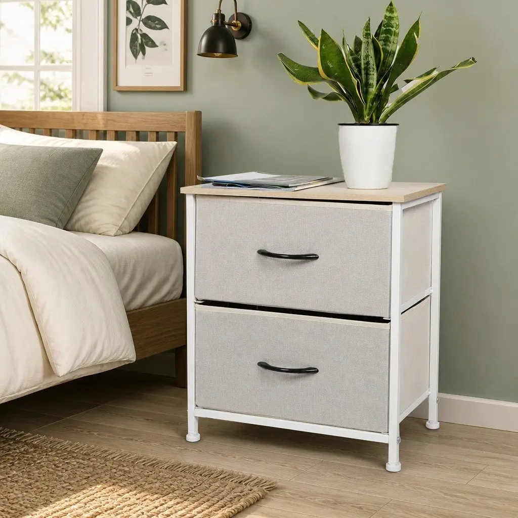 2 Drawer Bedside Chest Storage Cabinet MDF Beige