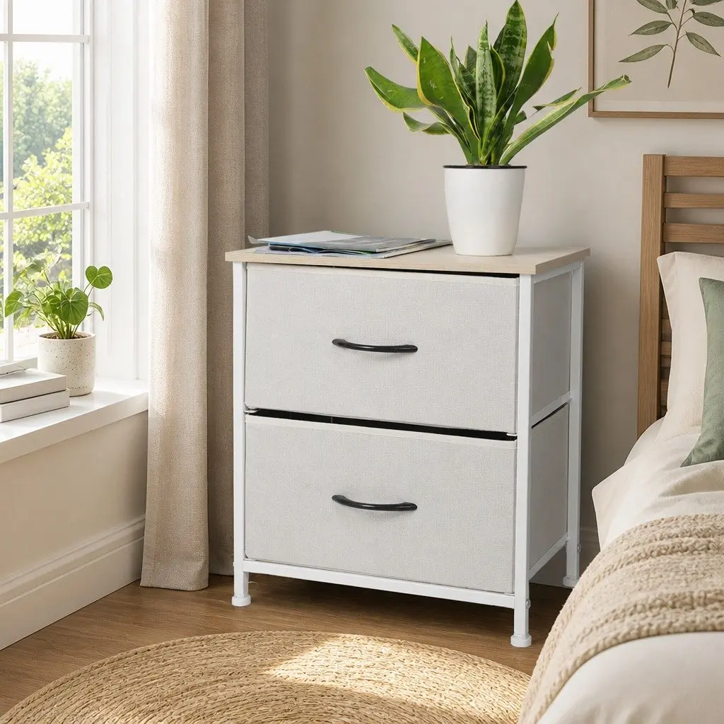 2 Drawer Bedside Chest Storage Cabinet MDF Beige